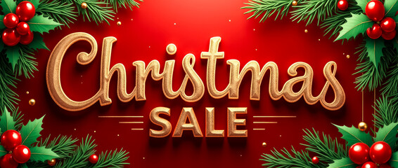 This festive banner showcases a bold Christmas sale message, surrounded by lush greenery and sparkling elements, evoking holiday cheer and excitement for shoppers