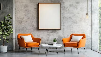 Two vibrant accent orange armchairs near white sofa against concrete tile wall with art frame Scandinavian interior design of modern living room Minimalist, japandi interior design of modern living