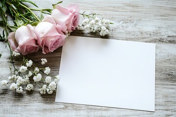 A blank white page of an elegant wedding card, with pink roses and baby's breath flowers on the table next to it. The background is wooden