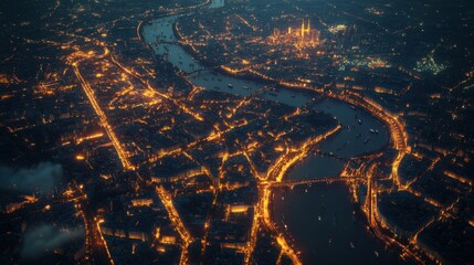 Aerial view of a bustling city at night, illuminated streets and buildings creating intricate patterns, with rivers cutting through the landscape.