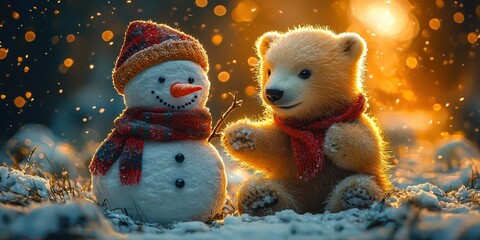 A playful bear cub shares a joyful moment with a cheerful snowman on a snowy evening