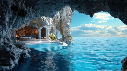 A cave opening reveals a luxurious bedroom with a swimming pool overlooking the ocean.