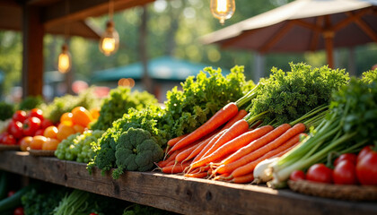 Wall Mural - A farmer’s market stand showcasing the top vegetables, arranged in a pyramid formation, with fresh greens, carrots, bell peppers, and tomatoes in the foreground, sunlight softly illuminating the scene