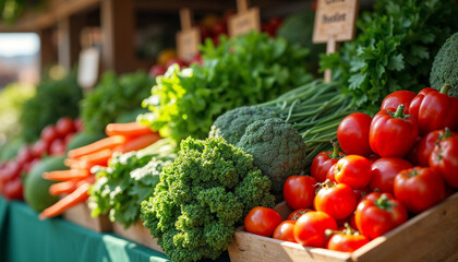 Wall Mural - A farmer’s market stand showcasing the top vegetables, arranged in a pyramid formation, with fresh greens, carrots, bell peppers, and tomatoes in the foreground, sunlight softly illuminating the scene