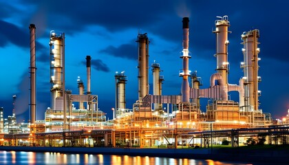 Wall Mural - Illuminated petrochemical plant at night showcasing industrial elegance and refinery operations