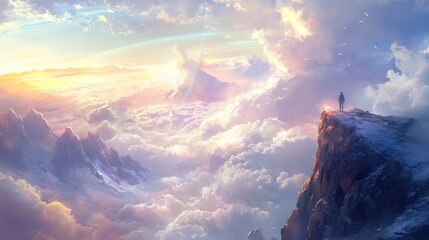 A lone figure stands on a mountain peak, overlooking a vast sea of clouds and a colorful sunset sky.