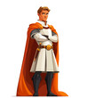 © kiberstalker - A confident cartoon knight in white armor and an orange cape stands with arms crossed, exuding bravery and leadership. Young handsome prince in cloak. Vector illustration