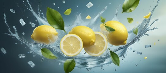 Fresh lemons falling into water with splash on orange background closeup