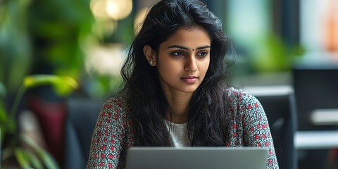 Poster - Beautiful indian woman programmer web developer focused and confident working on laptop writing code programming business woman worker in modern office working in casual clothes