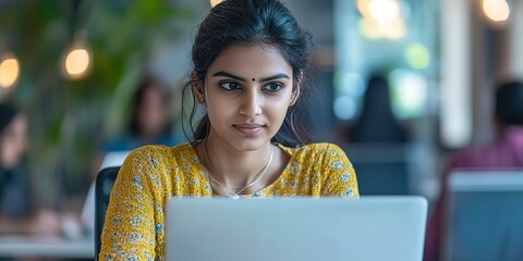 Poster - Beautiful indian woman programmer web developer focused and confident working on laptop writing code programming business woman worker in modern office working in casual clothes