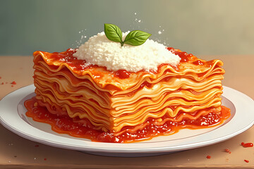 Realistic lasagna with basil garnish on white plate in vibrant colors representing Italian cuisine