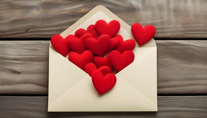 Love letter adorned with red hearts on rustic wooden backdrop for a heartfelt Valentines Day celebration