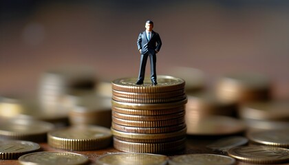 Businessman triumphantly standing atop a towering stack of coins in a miniature world