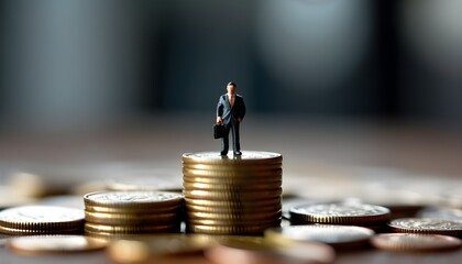 Businessman triumphantly standing atop a towering stack of coins in a miniature world