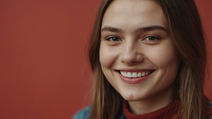 teenage finnougric woman on pastel red background model close-up smiling with beautiful teeth for ad concept space for text