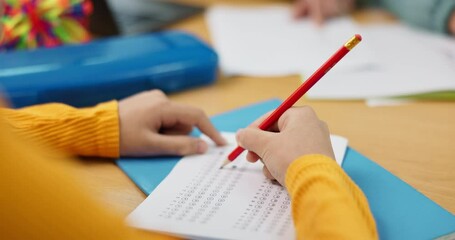 Sticker - Hands, multiple choice and exam for kid, education and student in classroom with paper, knowledge and scholarship. Desk, pencil and child with information for project, writing or answer for questions