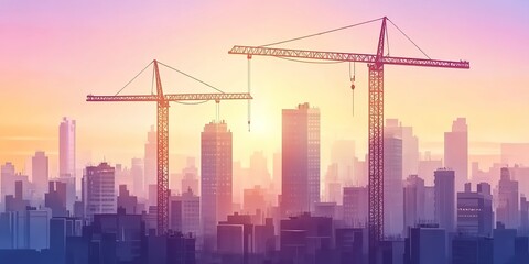 Poster - A Construction of high-rise buildings, tower cranes are lifting steel on high-rise building construction site in big city. 