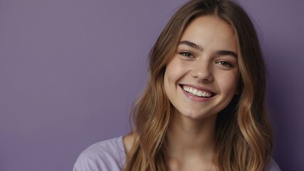 teenage caucasian woman on pastel purple background model close-up smiling with beautiful teeth for ad concept space for text