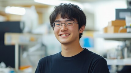 Wall Mural - A young man with glasses is smiling and posing for a picture