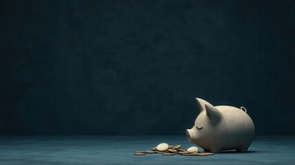 A simple piggy bank lies on a surface with coins scattered nearby, symbolizing saving and financial management.