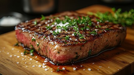 Close-up of a perfectly grilled steak with sea salt and thyme on a wooden board.