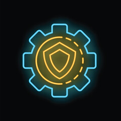 Poster - Glowing neon icon of a shield covering a gear, representing cybersecurity and data protection