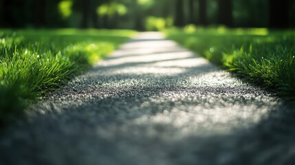 A sun-dappled pathway meanders through a lush green park, with fresh grass on either side, creating a picturesque and inviting scene on a clear sunny day.