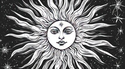 A black and white illustration of the sun with a human face and rays radiating out against a dark background with stars.