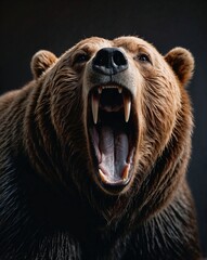 professional photo of brown bear roar in a dark room black background