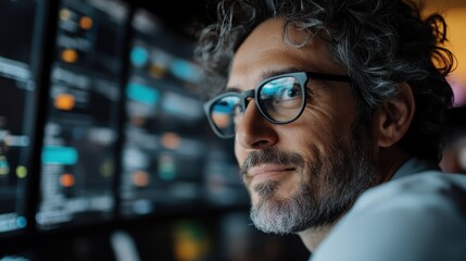 a person is focused on working with several computer screens displaying various data and graphs in a