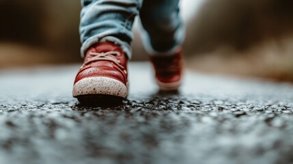 The image captures a child's legs and shoes while they walk down a wet road. The child wears red shoes, with a slight perspective from behind, showcasing determination.