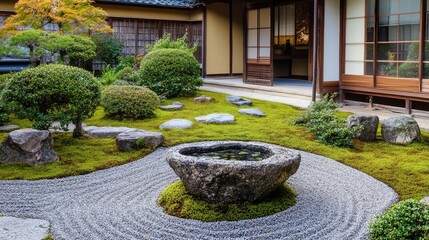 A calm Japanese front yard featuring a Zen-inspired rock garden with moss, gravel patterns, and a small stone water basin, no people, no logo.