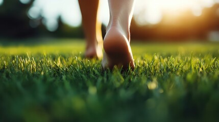 A person walks barefoot on soft green grass in an outdoor setting, with sunlight and blurry nature background, representing the connection to nature and simplicity.