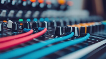 A close-up of an audio mixing console highlighting vibrant knob colors and detailed controls, epitomizing creativity and technical precision within the realm of modern studio work.