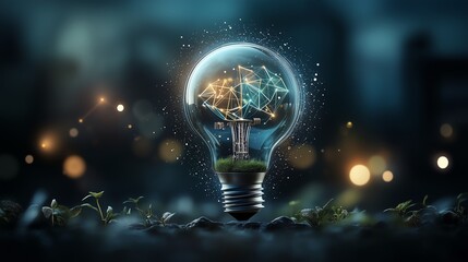 Wall Mural - illuminating concept: a light bulb glowing with interconnected network nodes, set against a night ci