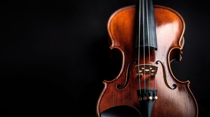 A close-up view of a beautifully crafted violin against a black background, highlighting the intricate details and fine textures of the wood and strings.