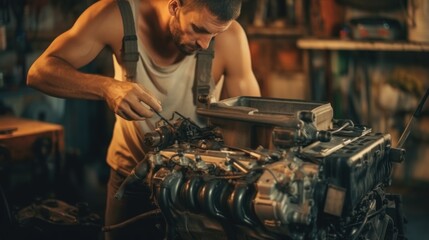 Wall Mural - Mechanic Working on Engine in Garage