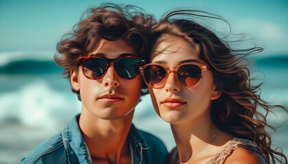 Young couple in sunglasses against a backdrop of crashing sea waves