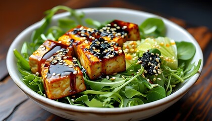 Vibrant salad with grilled tofu, sesame seeds, and a tasty sauce representing healthy eating and balanced nutrition in Asian cuisine