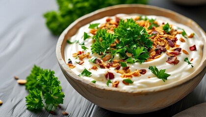 Creamy yogurt dip garnished with fresh parsley, embodying freshness and flavor for a healthy meal enhancement.