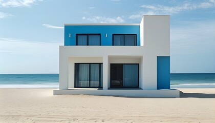 Coastal charm of a white and blue house framed by sandy beach and tranquil sea views