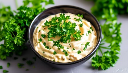 Creamy sauce adorned with fresh parsley, embodying flavor, freshness, and a healthy touch for culinary delights