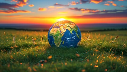 Earth in a serene meadow illuminated by a breathtaking sunset, celebrating the beauty of our planet on Earth Day