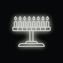 Wall Mural - White neon glowing hanukkah menorah with nine candles standing on a stand on black background