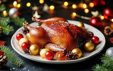 A platter of roast duck (Kao Ya) surrounded by Chinese New Year decorations, perfect for festive table settings and banners.