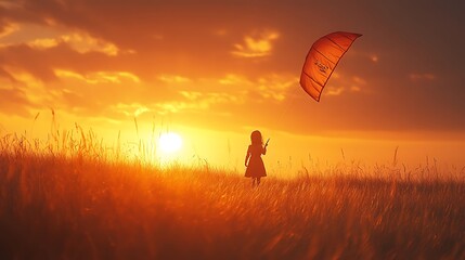 Wall Mural - a young girl flies a kite in a field at sunset. the sky is filled with vibrant orange and yellow clo