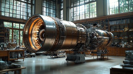 Technicians in a workshop planning the construction of a jet engine