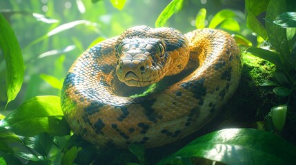 Wall Mural - Colorful Snake Relaxing in Lush Greenery