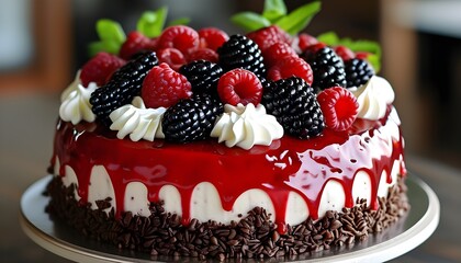 Wall Mural - Decadent cake adorned with fresh raspberries, blackberries, and whipped cream, showcasing a glossy red glaze, perfect for celebrations and indulgent moments.