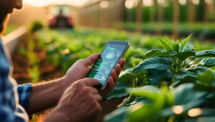 Innovative farmer utilizing smartphone technology for plant care and sustainable agriculture in a vision for the future